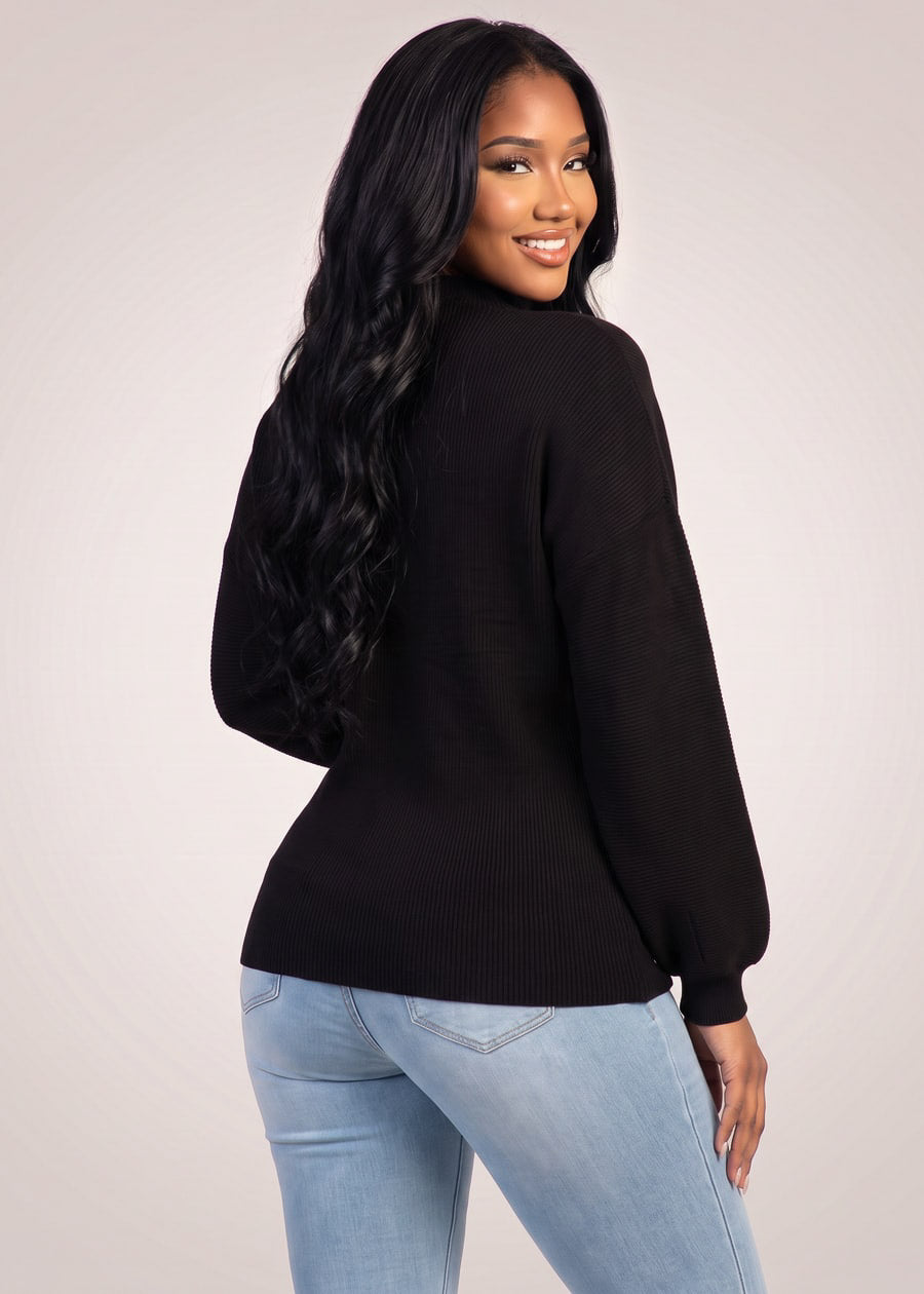 Long Sleeve Mock Neck Brushed Rib Stretch Sweater Black, view 4 of 4