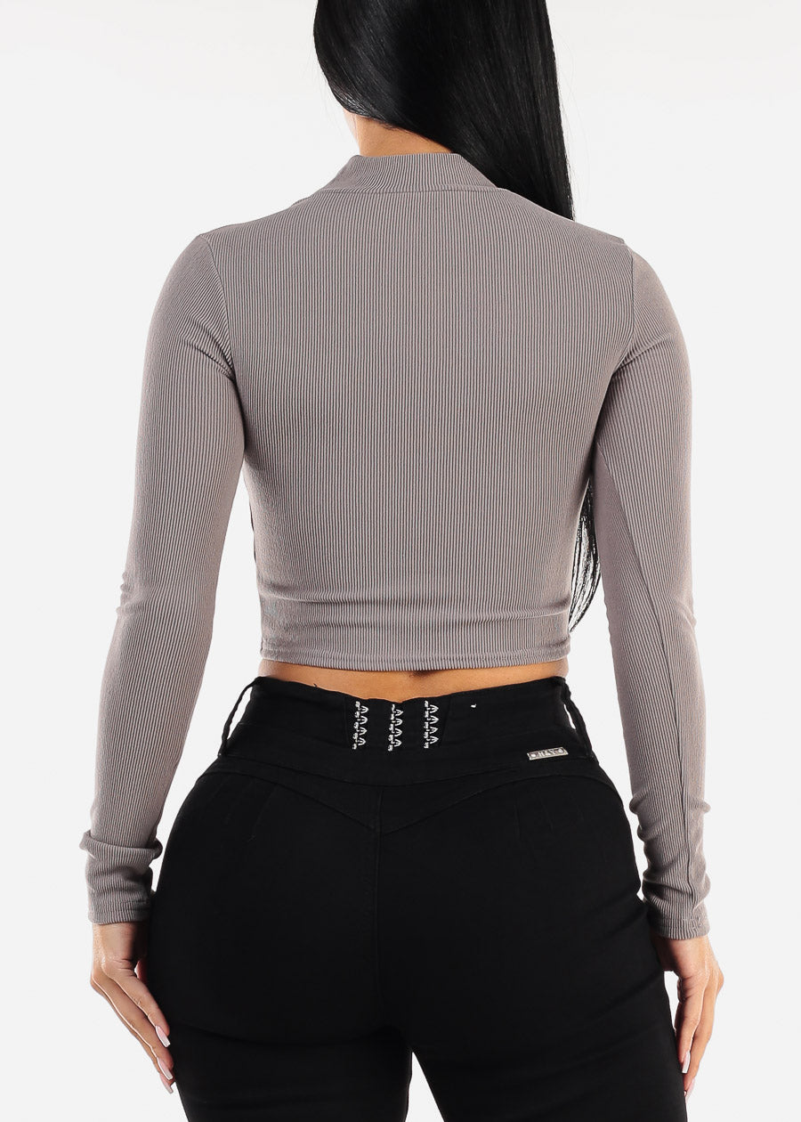 Long Sleeve Grey Mock Neck Cut Out Crop Top