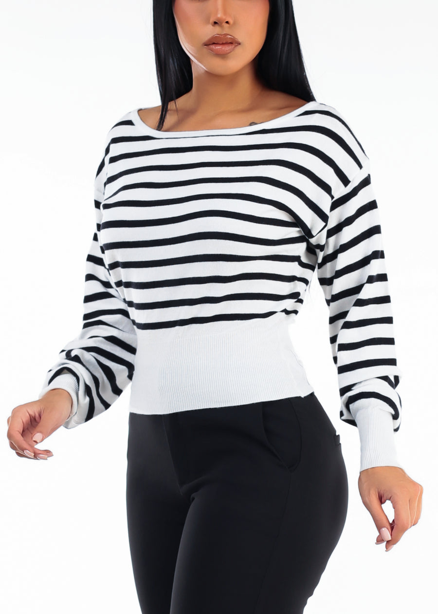Long Sleeve Boat Neckline Stripe Sweater W&B, view 1 of 4