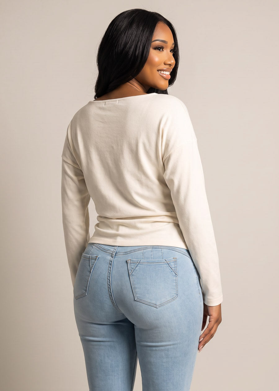 Long Sleeve Boat Neckline Stretch Sweater Ivory, view 2 of 2