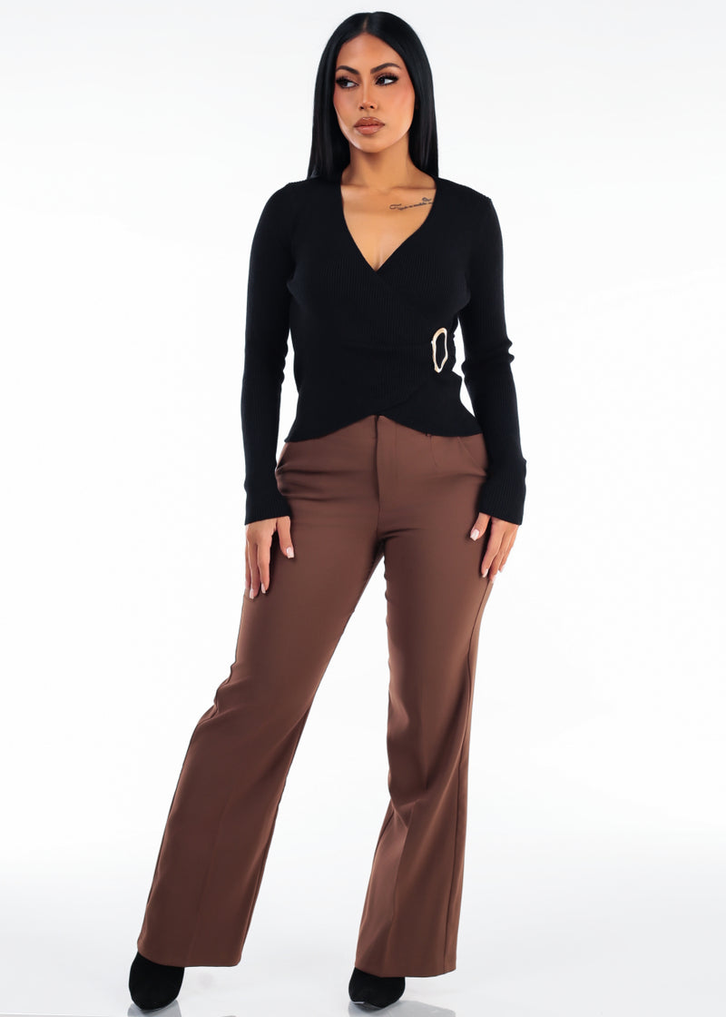 Long Sleeve Surplice Ribbed Sweater Blouse Black