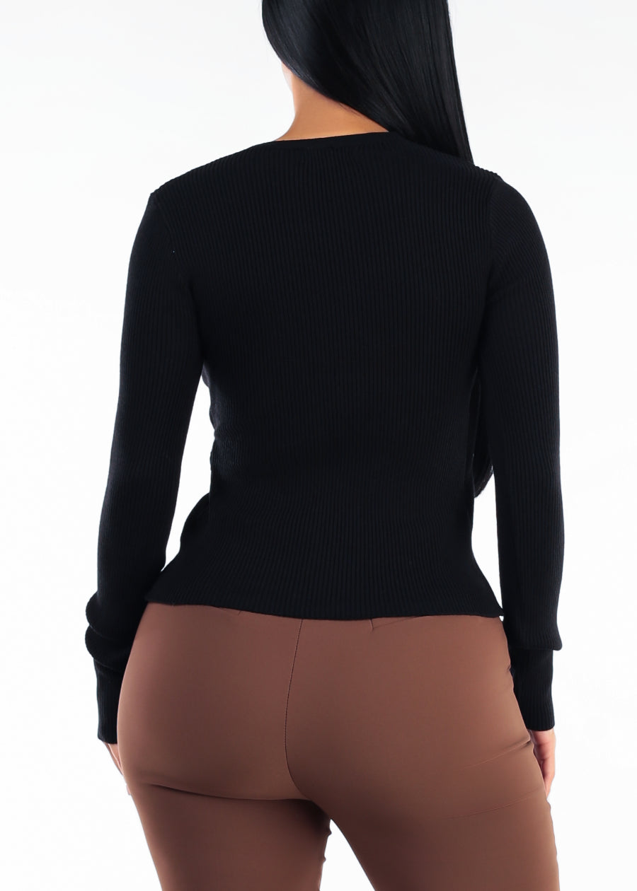Long Sleeve Surplice Ribbed Sweater Blouse Black, view 4 of 4