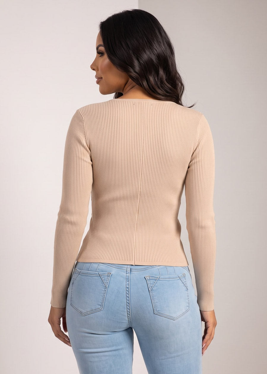 Long Sleeve Surplice Ribbed Sweater Blouse Oatmeal, view 2 of 2
