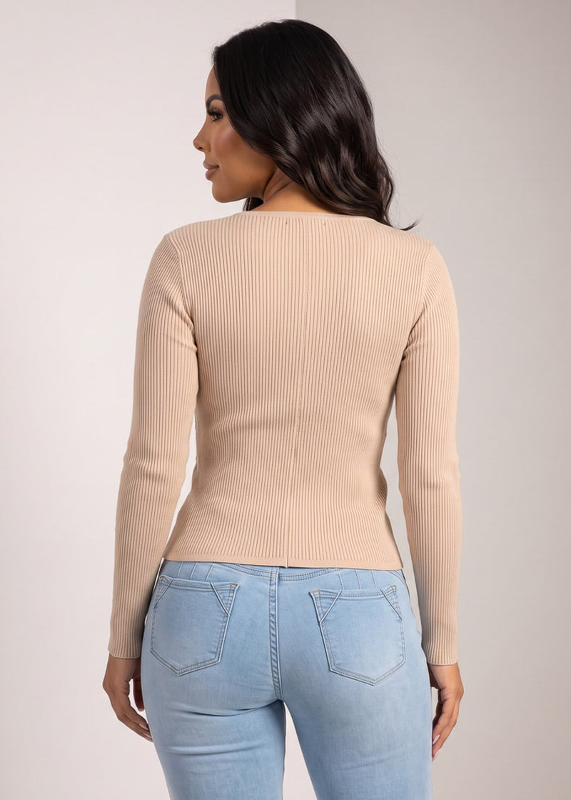 Long Sleeve Surplice Ribbed Sweater Blouse Oatmeal
