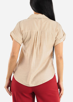 Short Sleeve Round Hem Collared Blouse Light Khaki w Pockets