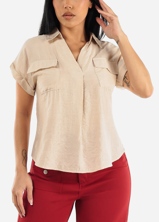 Short Sleeve Round Hem Collared Blouse Light Khaki w Pockets