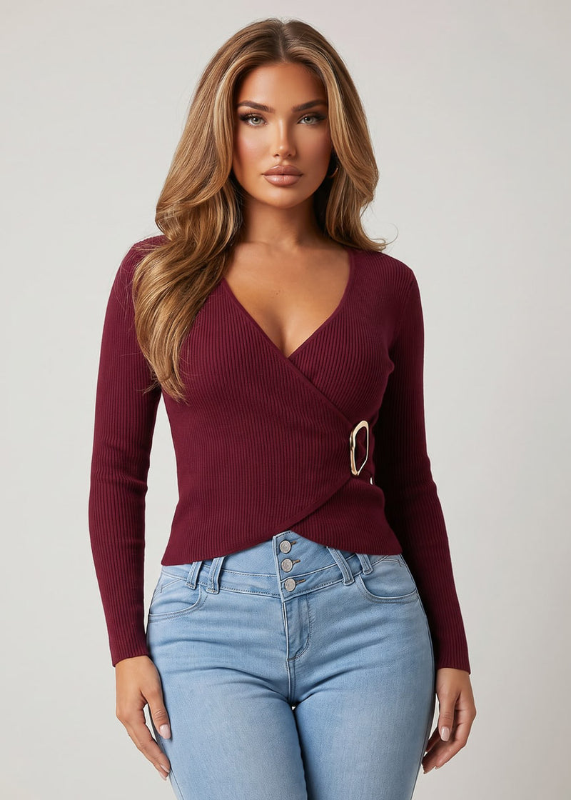 Long Sleeve Surplice Ribbed Sweater Blouse Burgundy