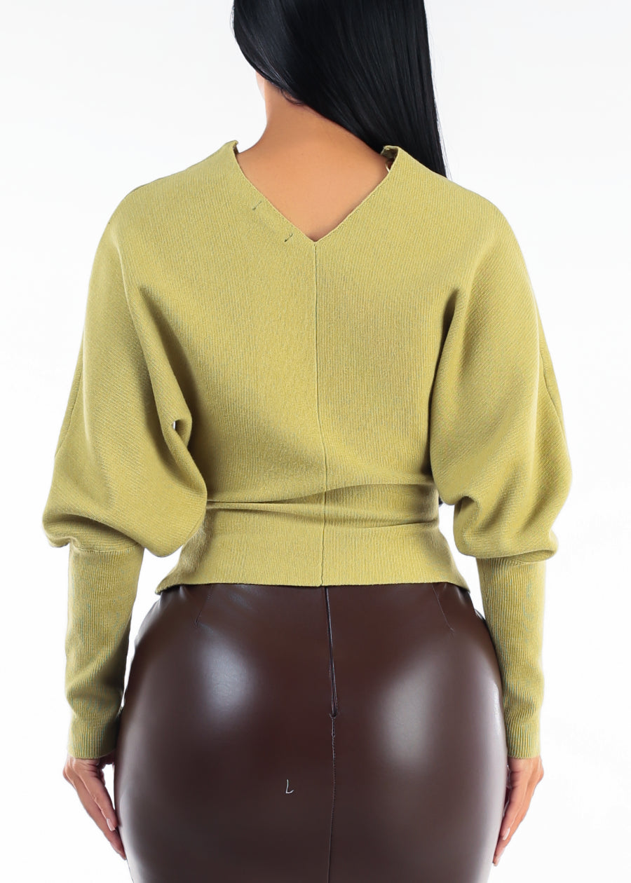 Dolman Long Sleeve Vneck Sweater Moss Green, view 4 of 4