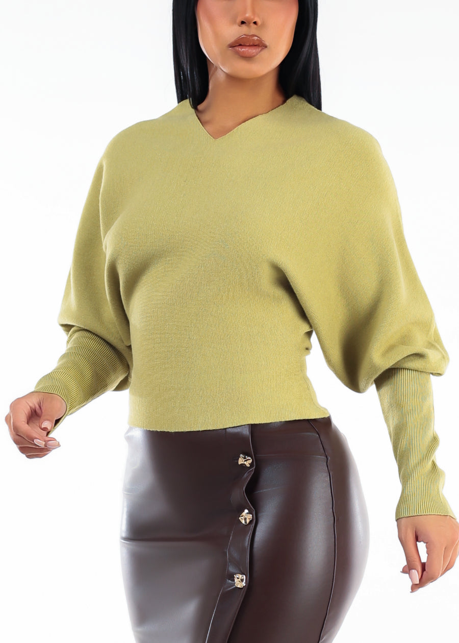 Dolman Long Sleeve Vneck Sweater Moss Green, view 1 of 4