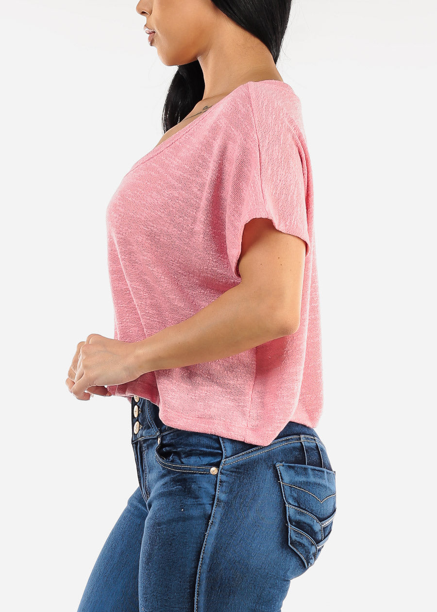 Vneck Short Sleeve Knit Crop Top Pink