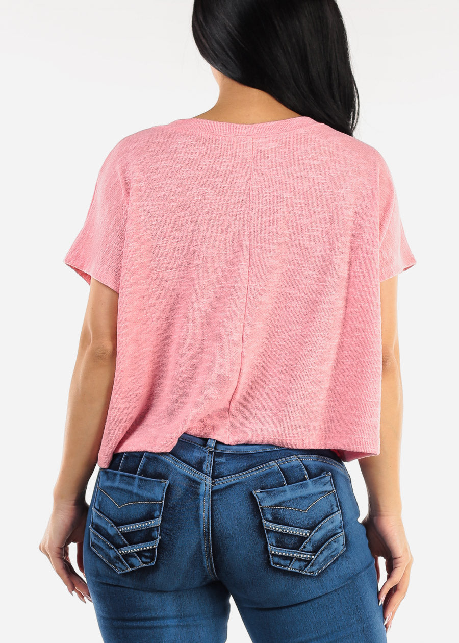 Vneck Short Sleeve Knit Crop Top Pink