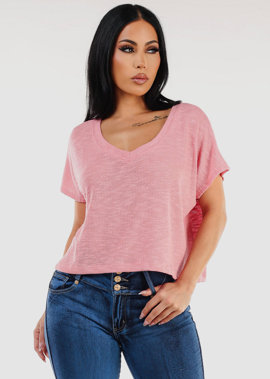 Vneck Short Sleeve Knit Crop Top Pink