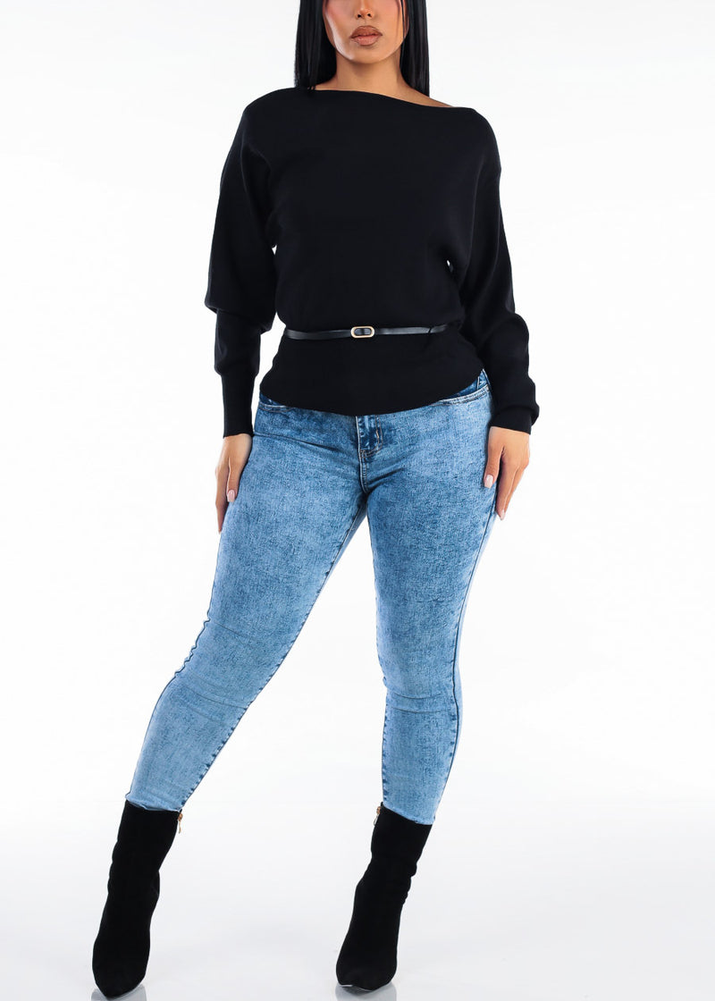 Belted Long Sleeve Boat Neckline Sweater Black