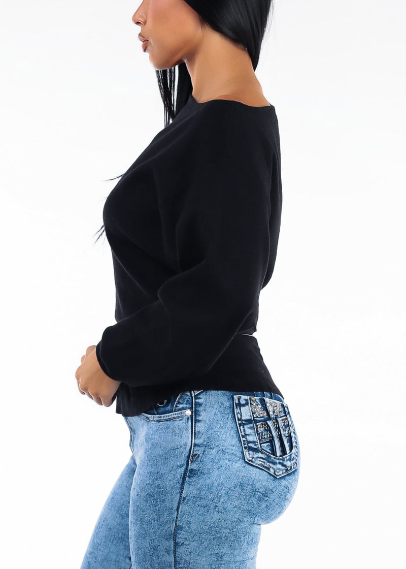 Belted Long Sleeve Boat Neckline Sweater Black