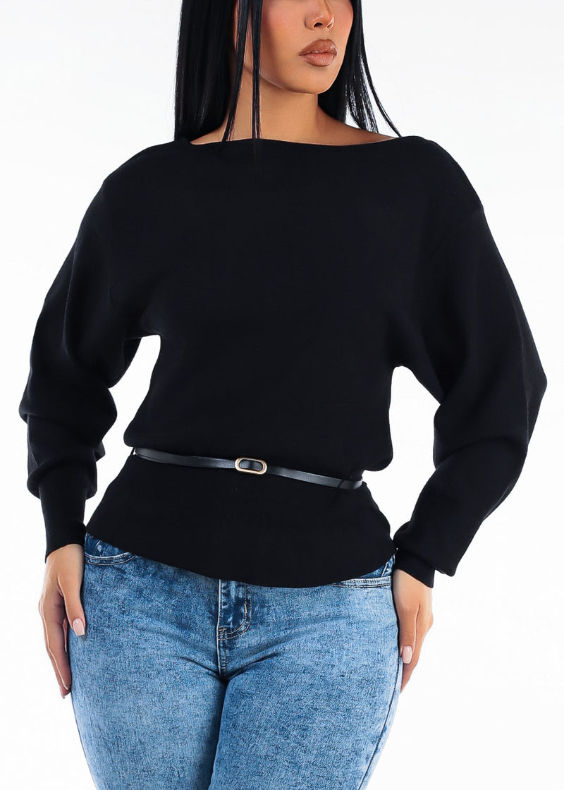 Belted Long Sleeve Boat Neckline Sweater Black