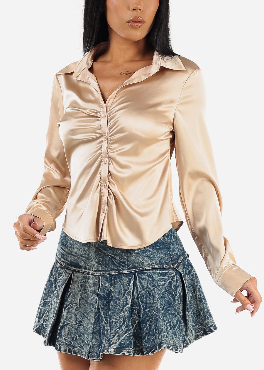 Satin Long Sleeve Button Up Ruched Shirt Khaki