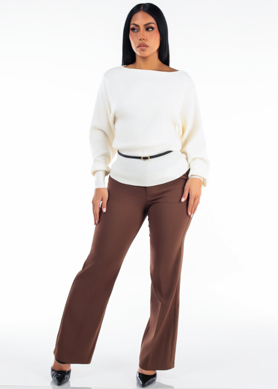 Belted Long Sleeve Boat Neckline Sweater Ivory, view 2 of 4