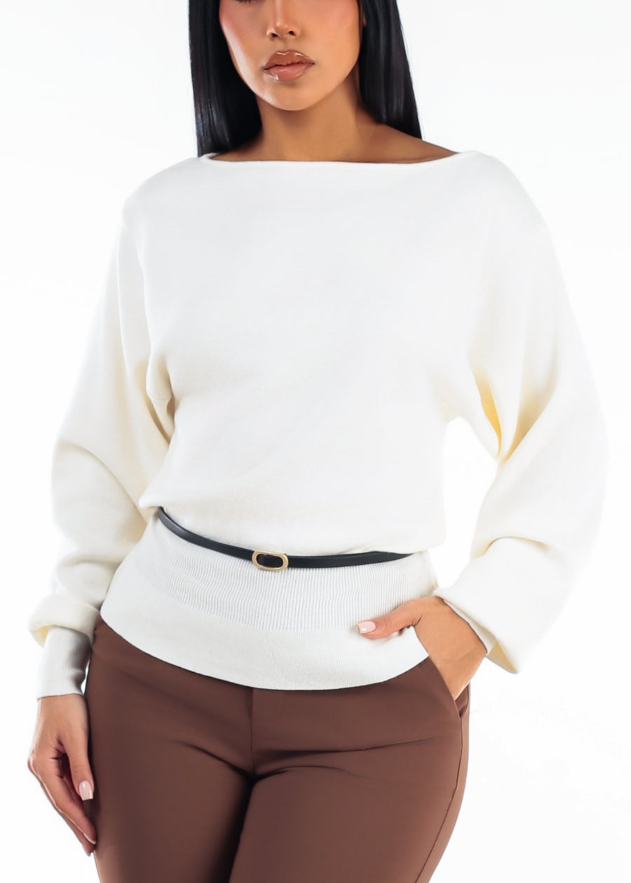 Belted Long Sleeve Boat Neckline Sweater Ivory, view 1 of 4