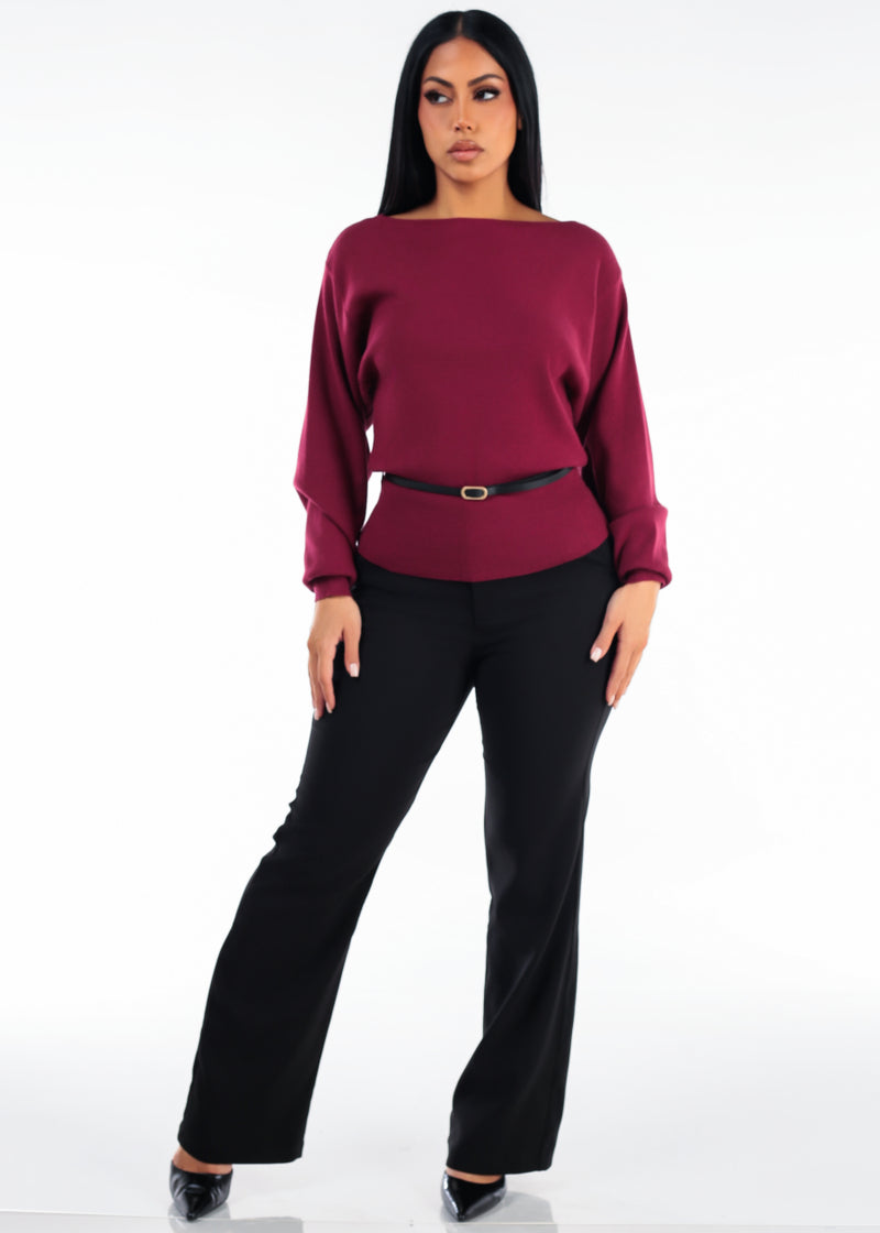 Belted Long Sleeve Boat Neckline Sweater Wine