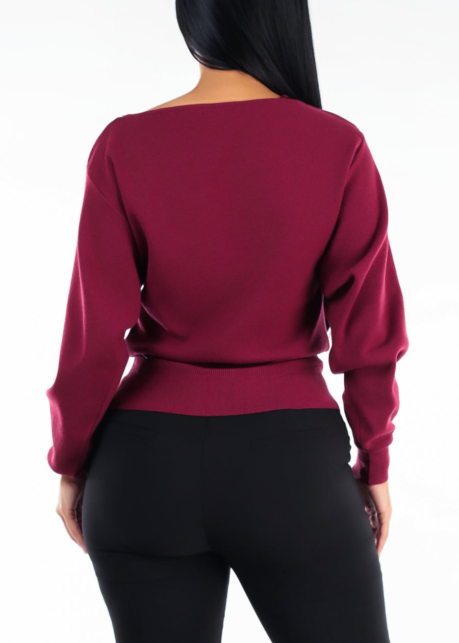 Belted Long Sleeve Boat Neckline Sweater Wine, view 4 of 4