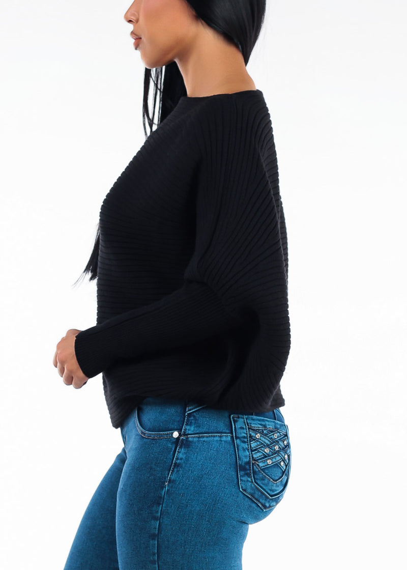 Long Sleeve Boat Neckline Ribbed Sweater Black