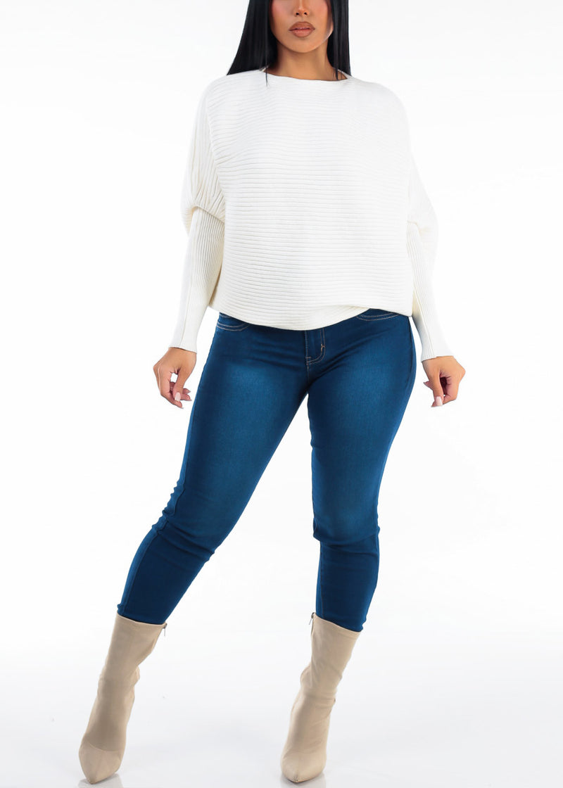 Long Sleeve Boat Neckline Ribbed Sweater Ivory