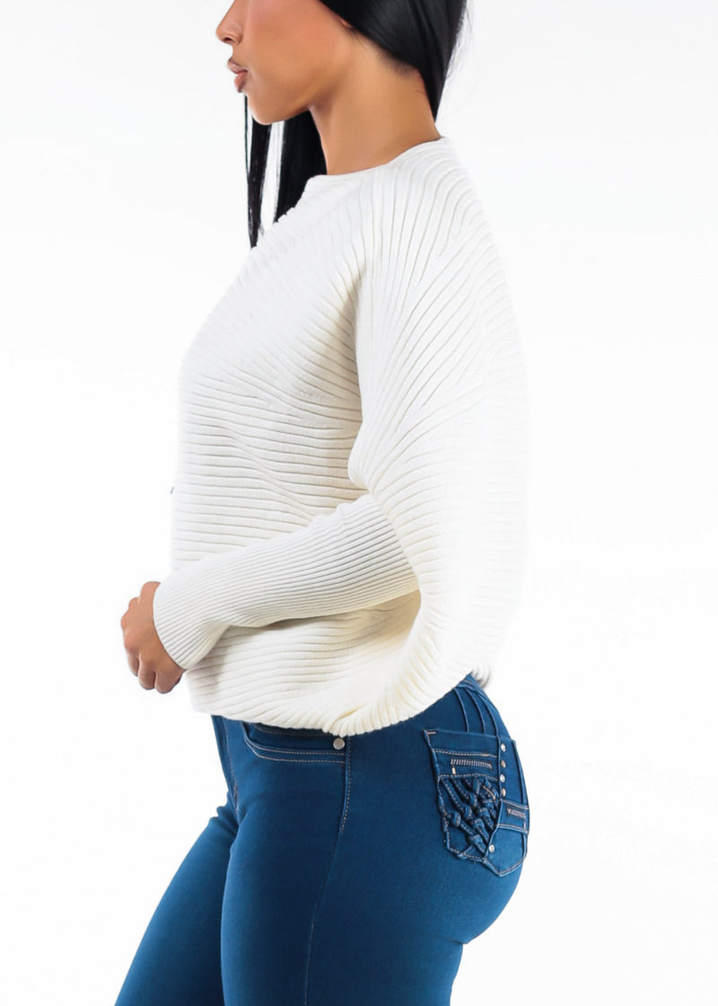 Long Sleeve Boat Neckline Ribbed Sweater Ivory