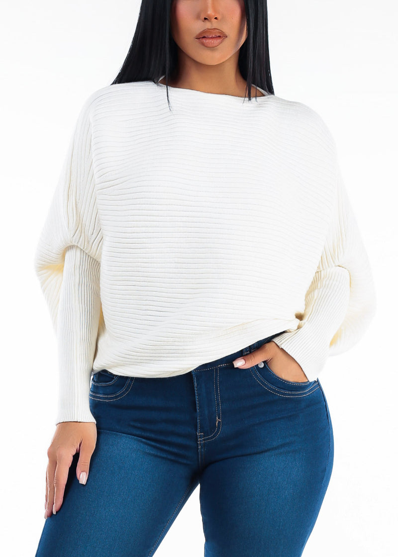Long Sleeve Boat Neckline Ribbed Sweater Ivory