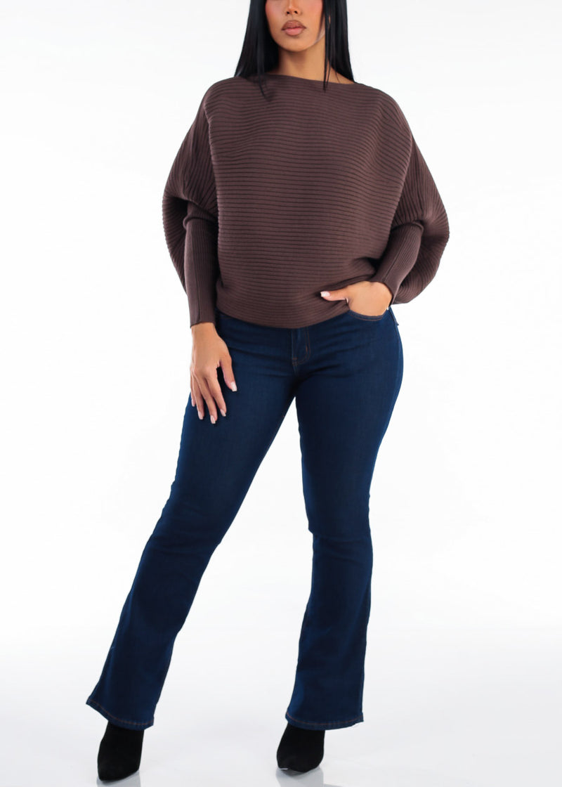 Long Sleeve Boat Neckline Ribbed Sweater Brown