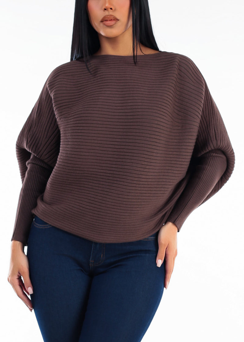 Long Sleeve Boat Neckline Ribbed Sweater Brown
