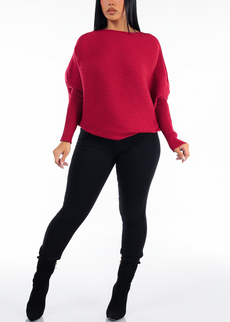 Long Sleeve Boat Neckline Ribbed Sweater Red