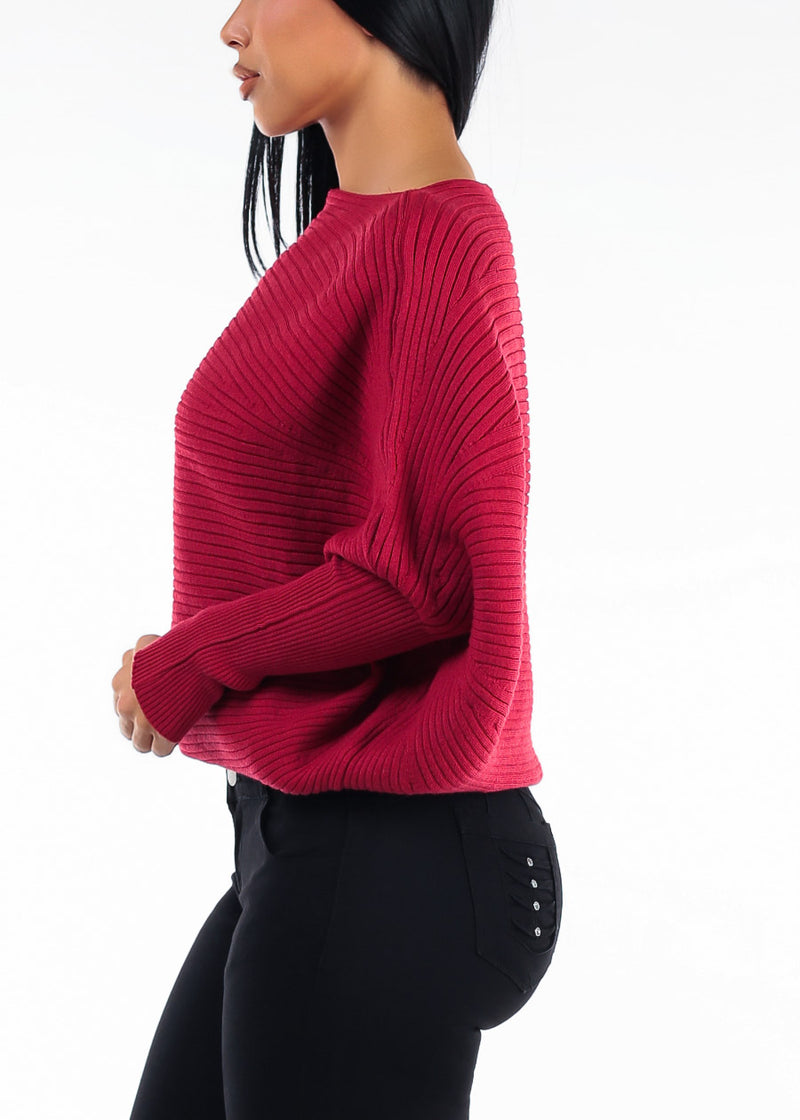 Long Sleeve Boat Neckline Ribbed Sweater Red