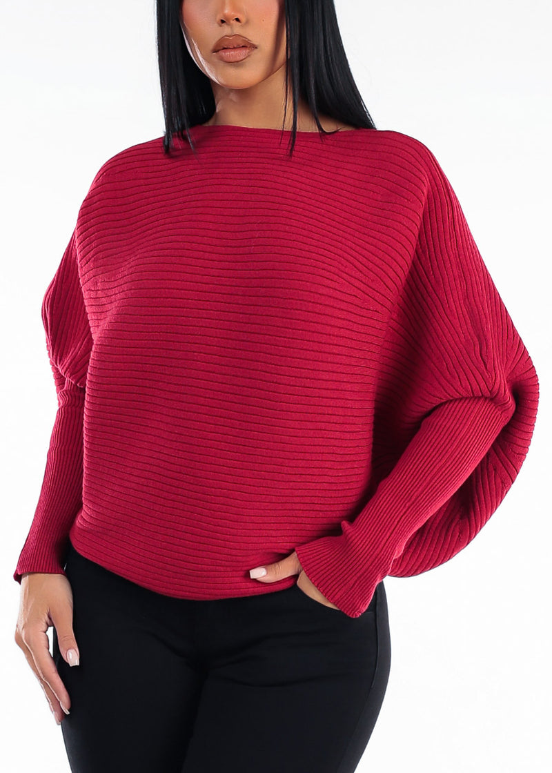 Long Sleeve Boat Neckline Ribbed Sweater Red