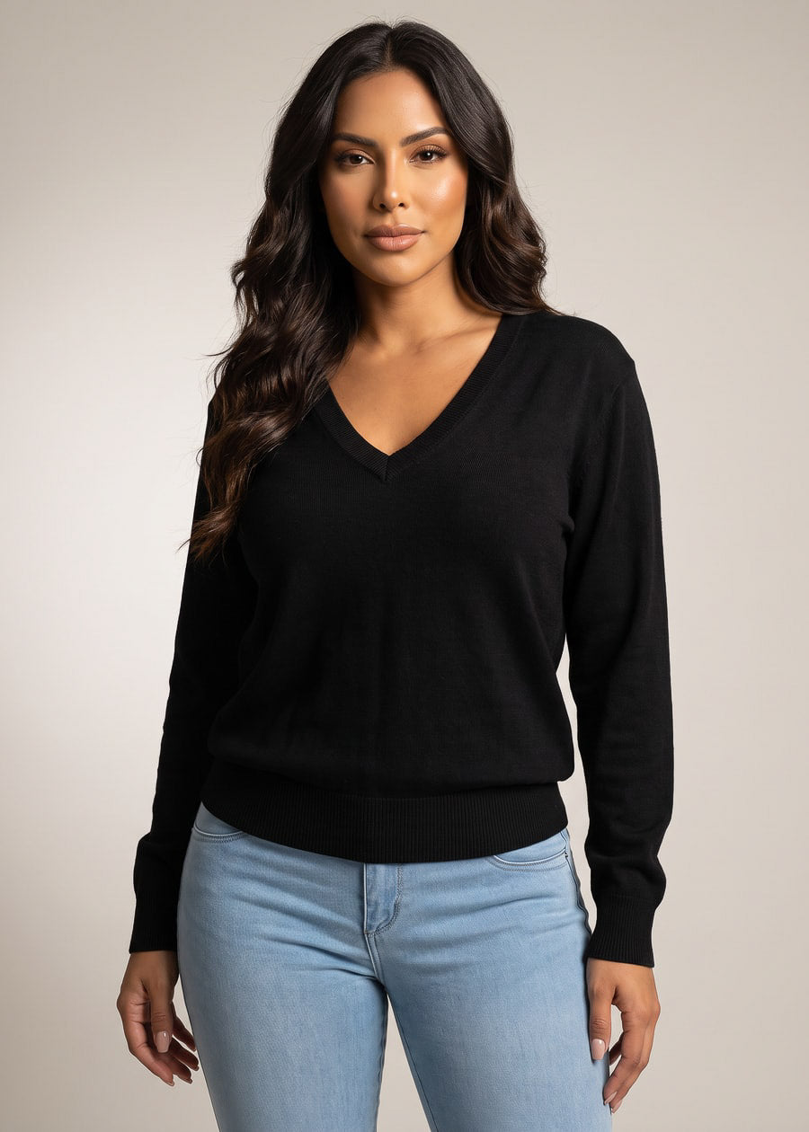 Batwing Long Sleeve Vneck Stretch Sweatshirt Black, view 1 of 2