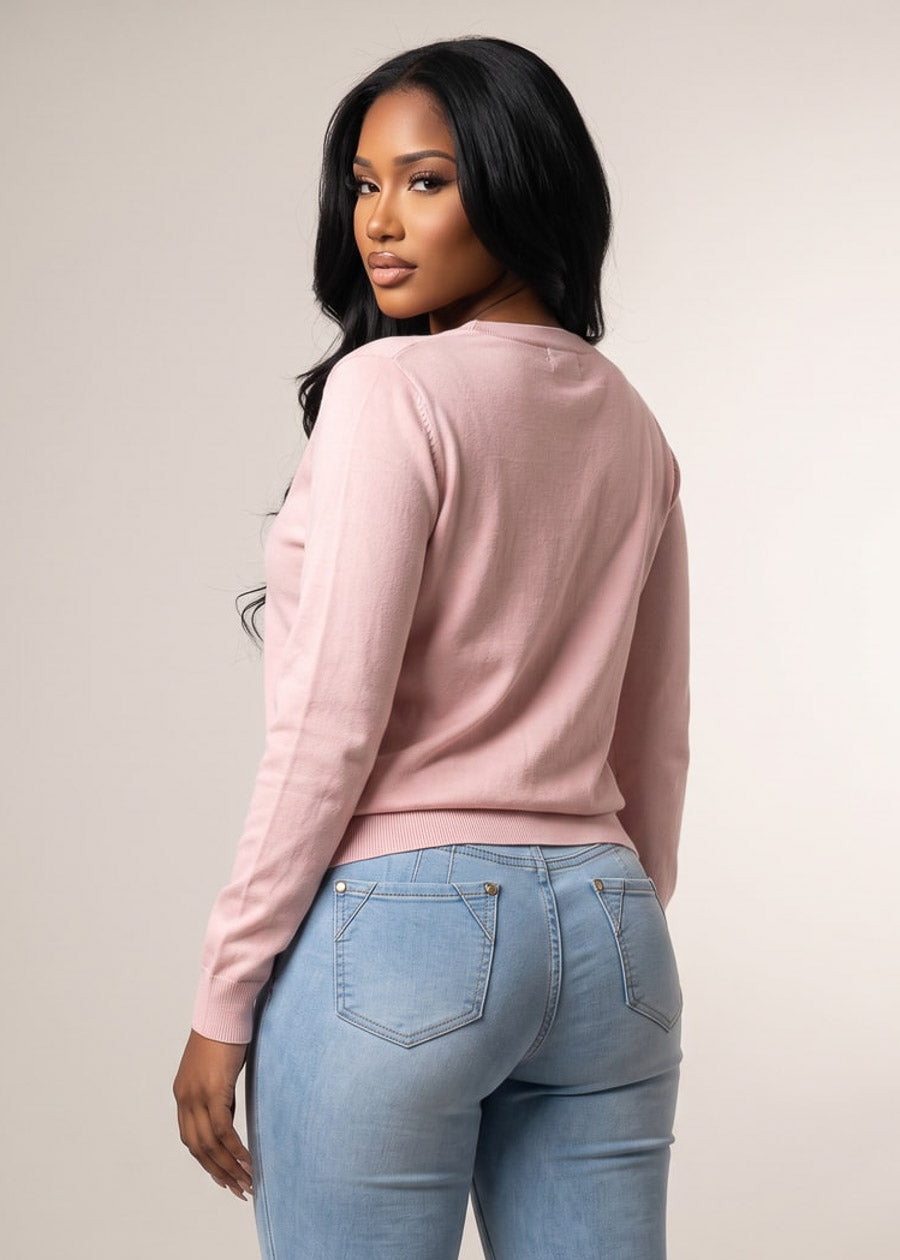 Batwing Long Sleeve Vneck Stretch Sweatshirt Light Pink, view 2 of 4