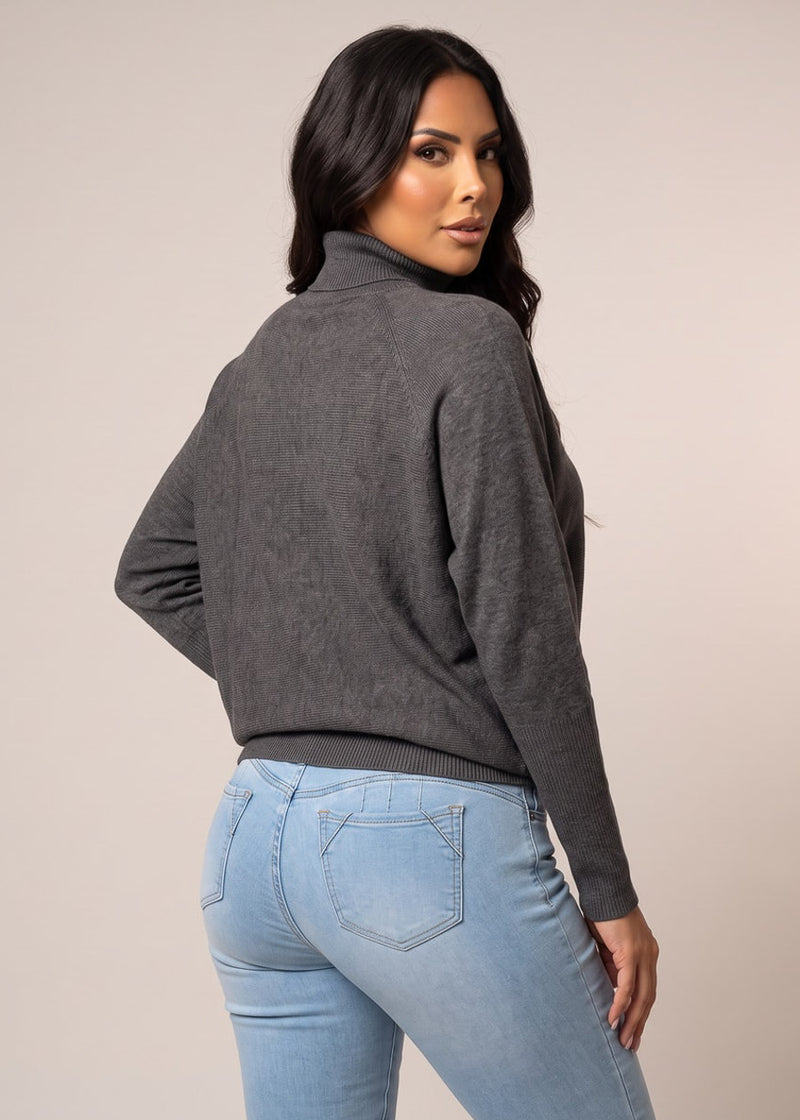 Turtleneck Batwing Long Sleeve Stretch Sweatshirt Charcoal