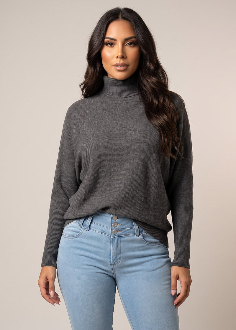 Turtleneck Batwing Long Sleeve Stretch Sweatshirt Charcoal