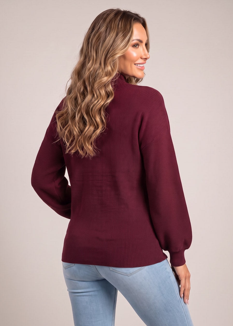Long Sleeve Mock Neck Brushed Rib Stretch Sweater Wine, view 2 of 4
