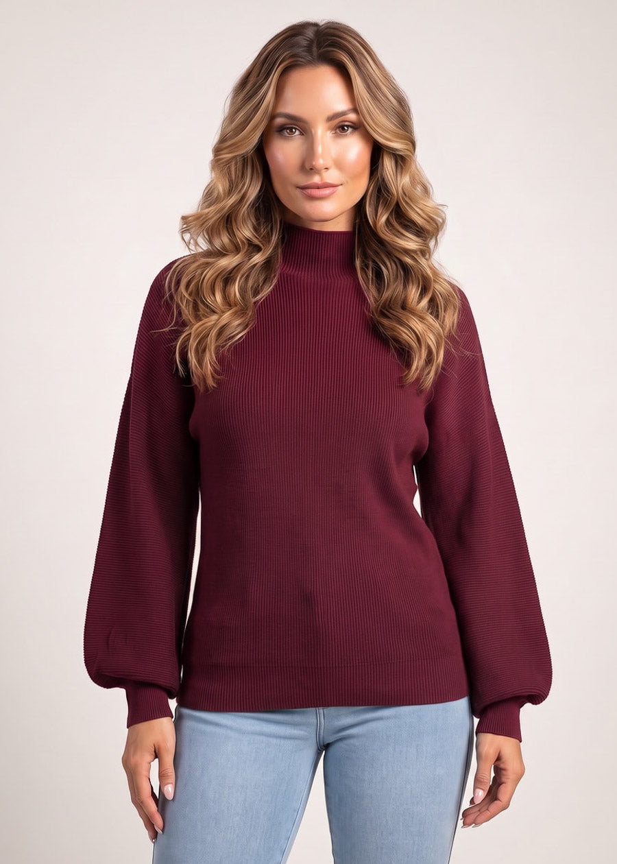 Long Sleeve Mock Neck Brushed Rib Stretch Sweater Wine, view 1 of 4