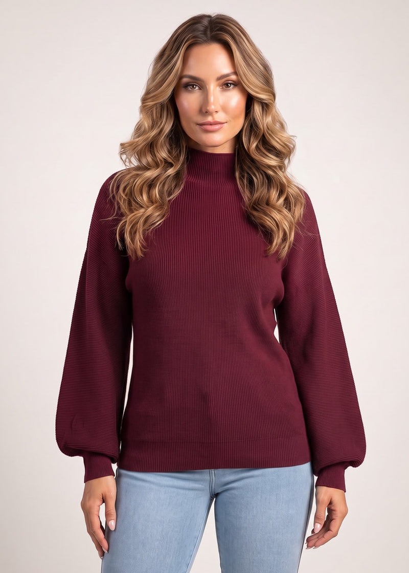 Long Sleeve Mock Neck Brushed Rib Stretch Sweater Wine