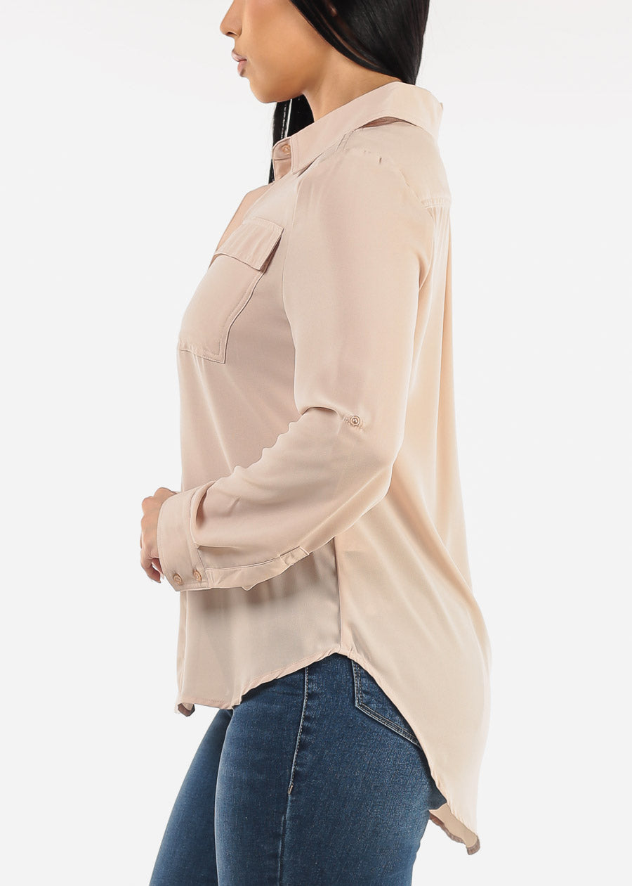 Long Sleeve Button Down Collared Blouse Beige