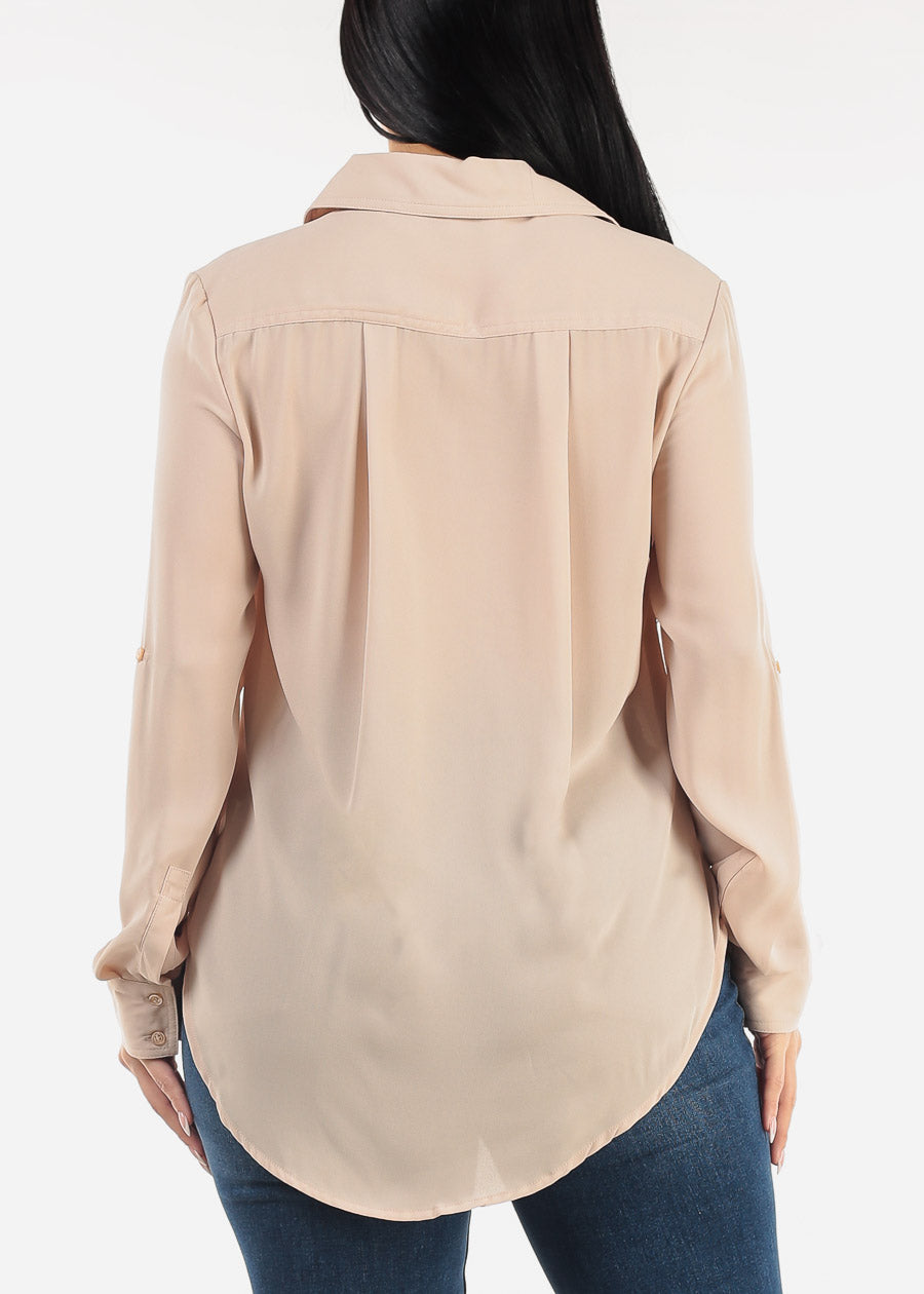 Long Sleeve Button Down Collared Blouse Beige