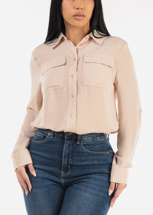 Long Sleeve Button Down Collared Blouse Beige