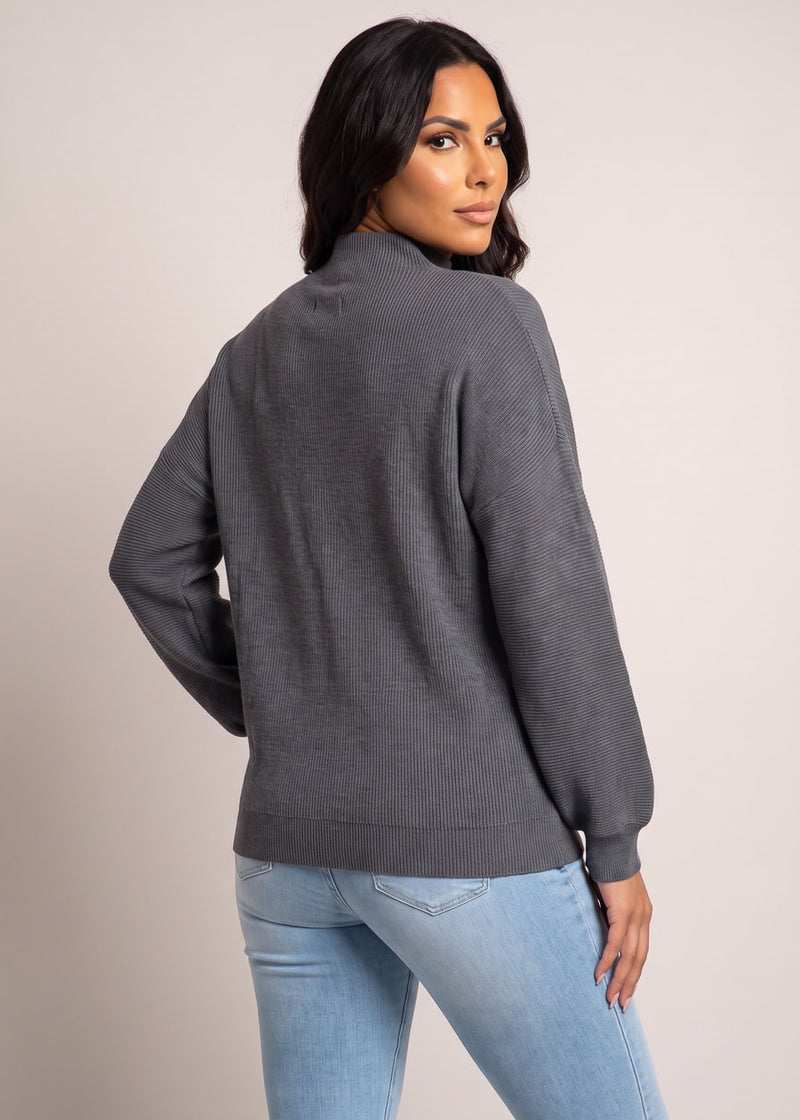 Long Sleeve Mock Neck Brushed Rib Stretch Sweater Dark Grey