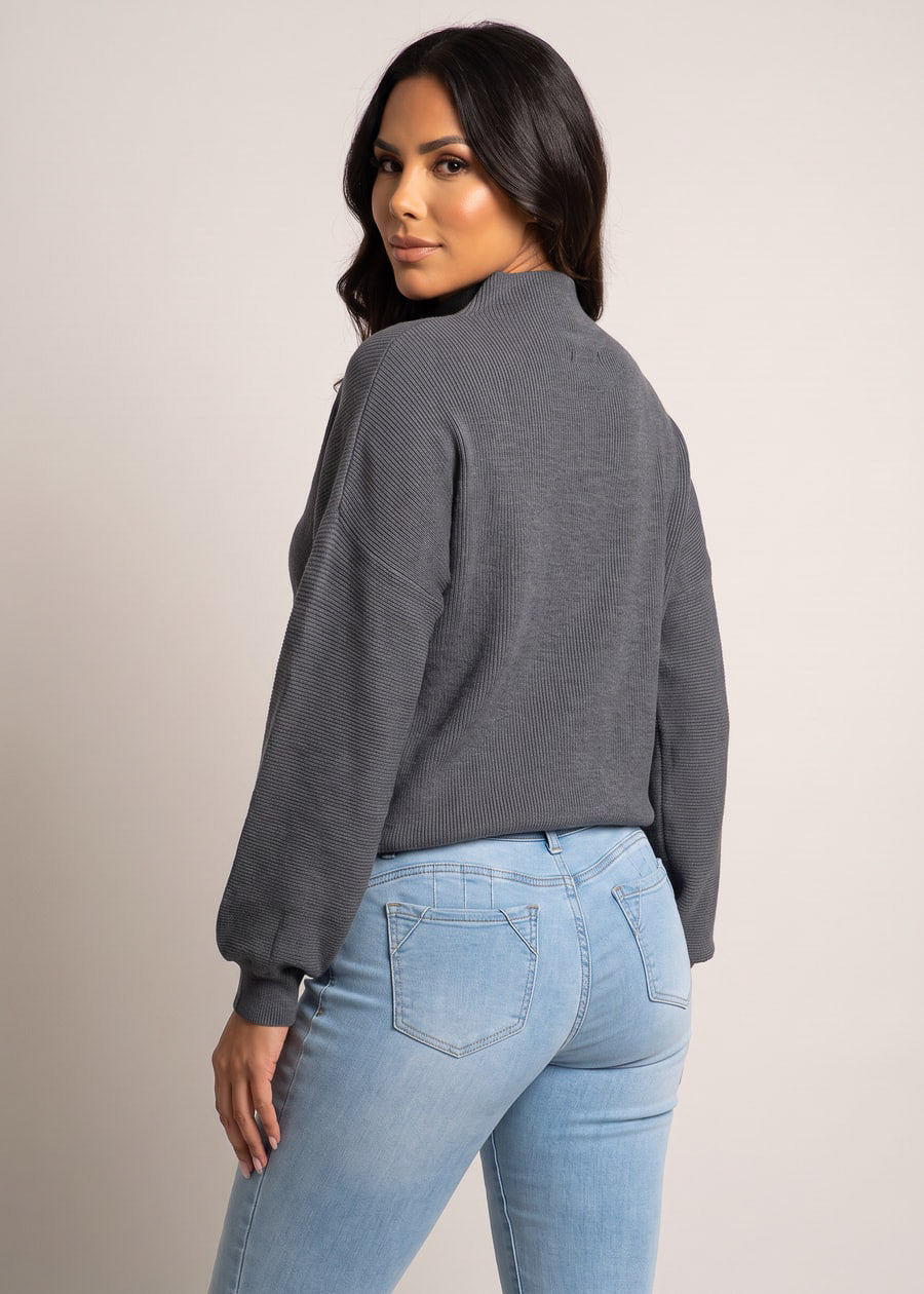 Long Sleeve Mock Neck Brushed Rib Stretch Sweater Dark Grey, view 4 of 4
