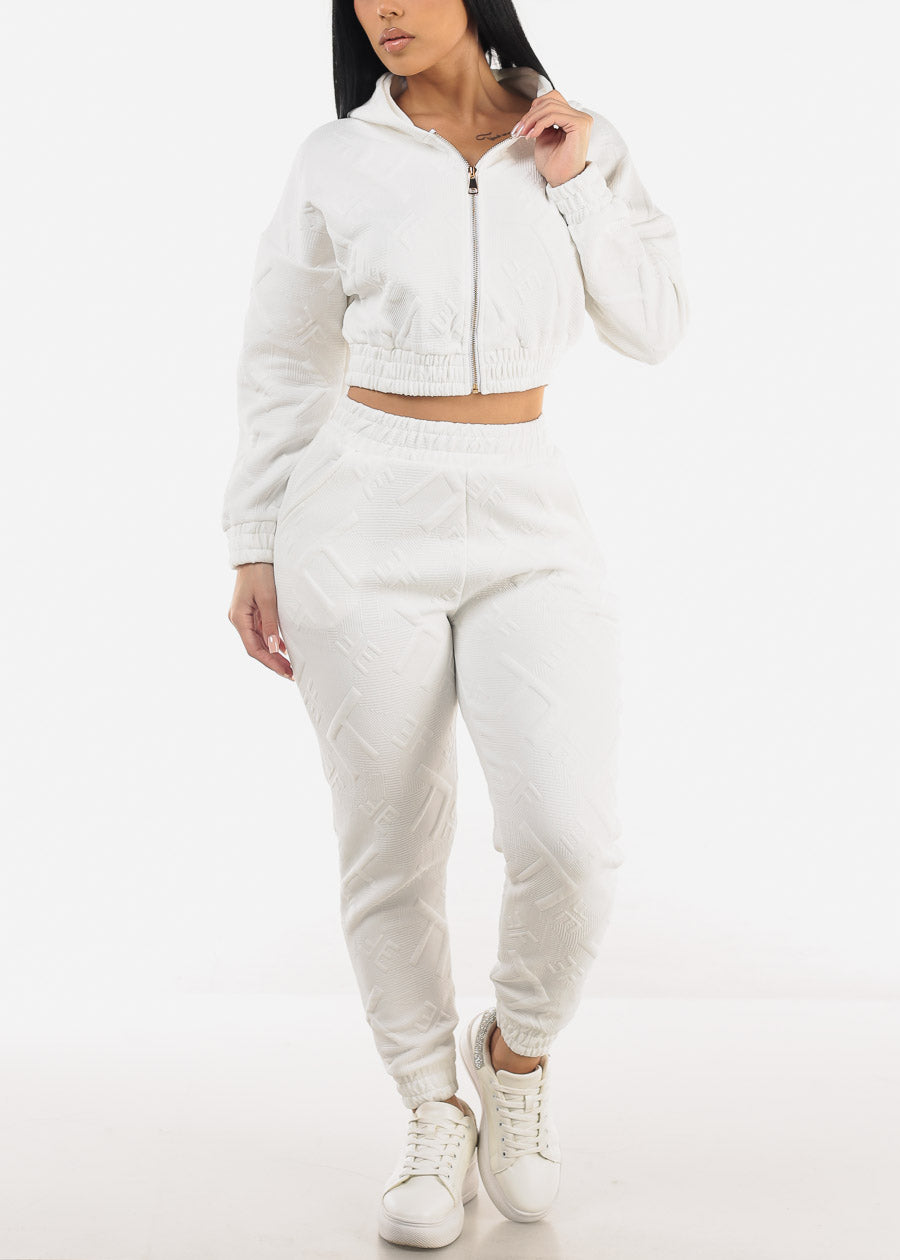 White Crop Zip Up Jacket & Jogger Pants (2 PCE SET)