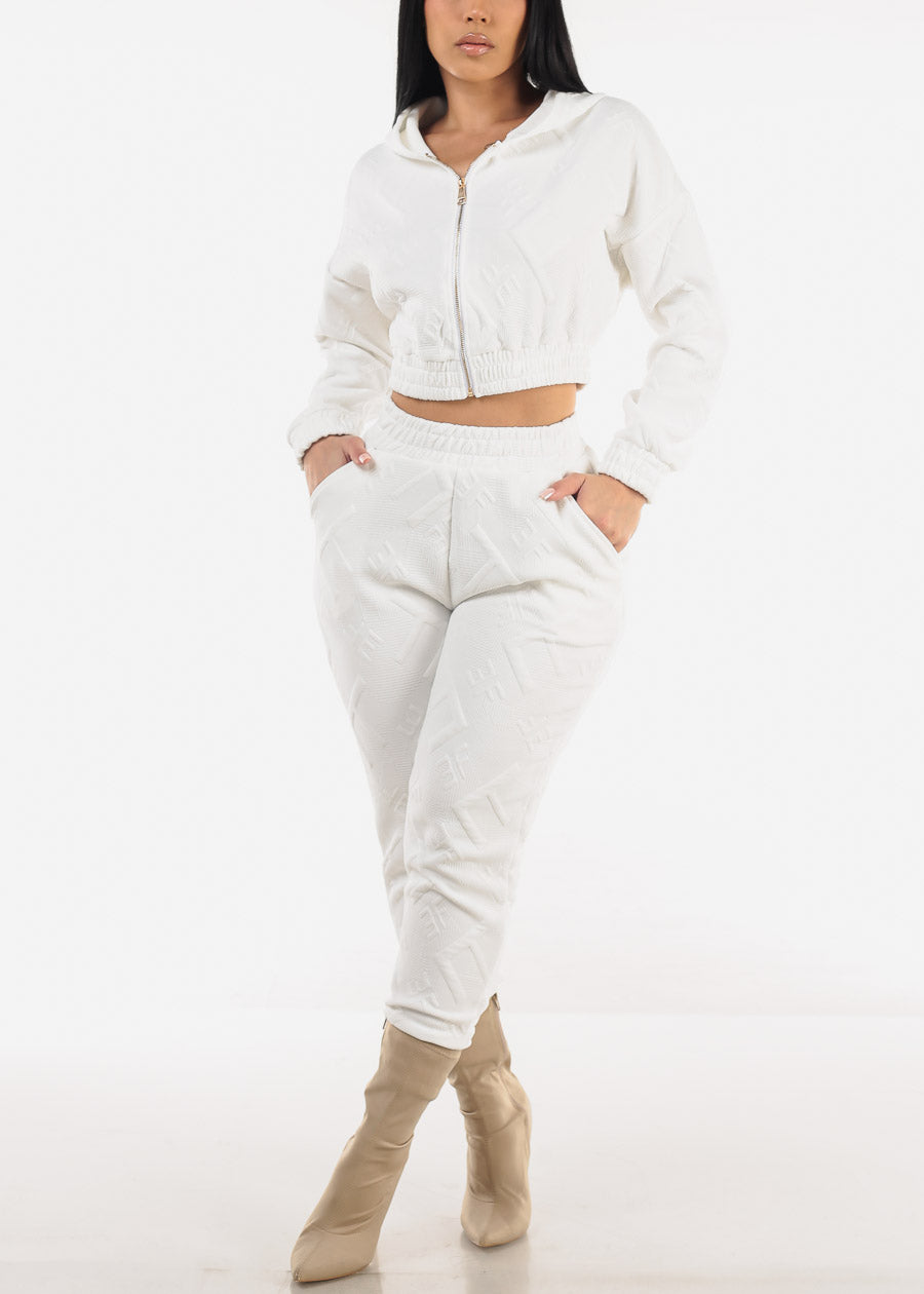 White Crop Zip Up Jacket & Jogger Pants (2 PCE SET)