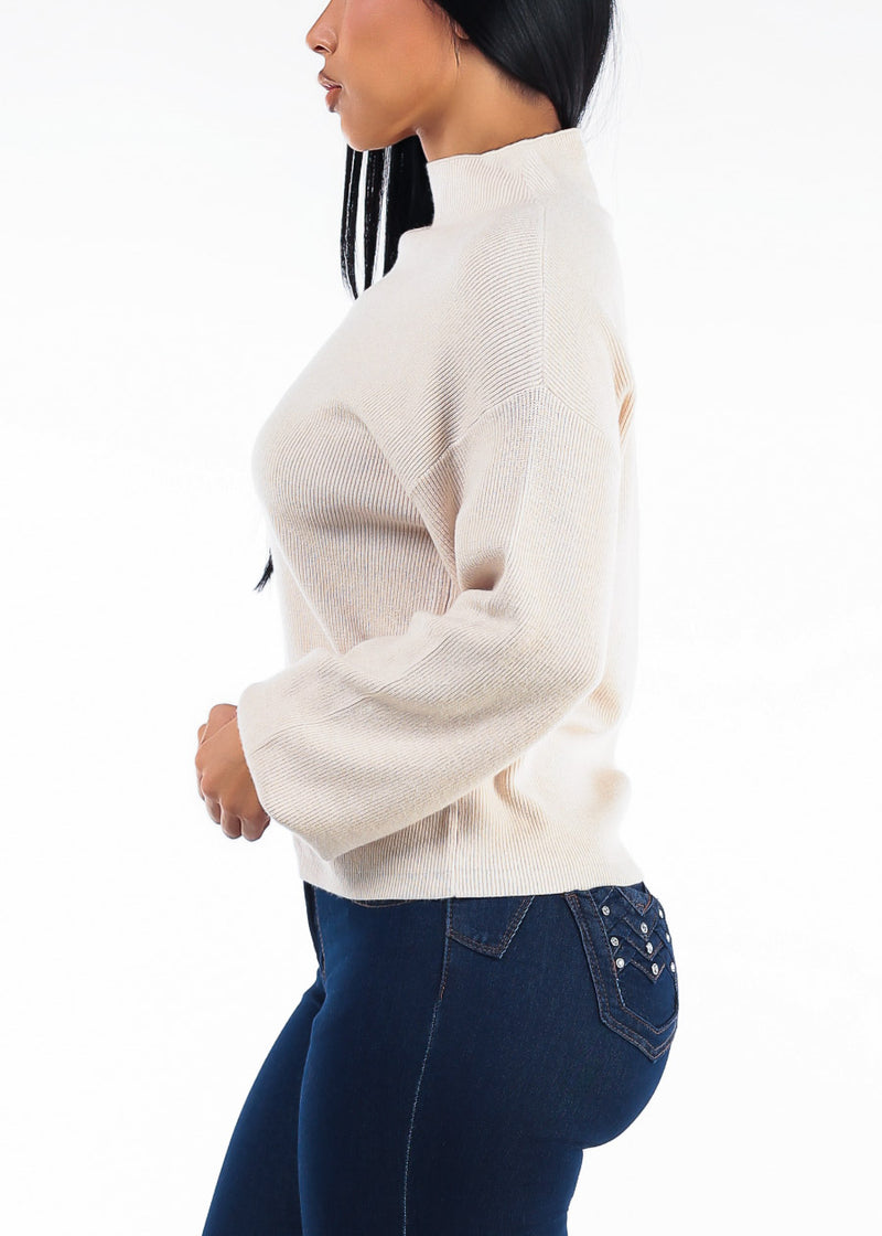 Long Sleeve Mock Neck Brushed Rib Stretch Sweater Beige