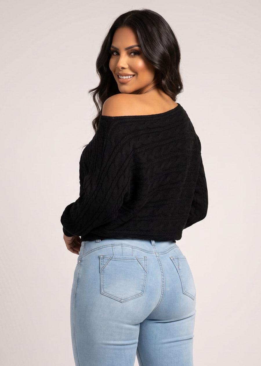 Long Sleeve Off Shoulder Cable Knit Sweater Black, view 2 of 2