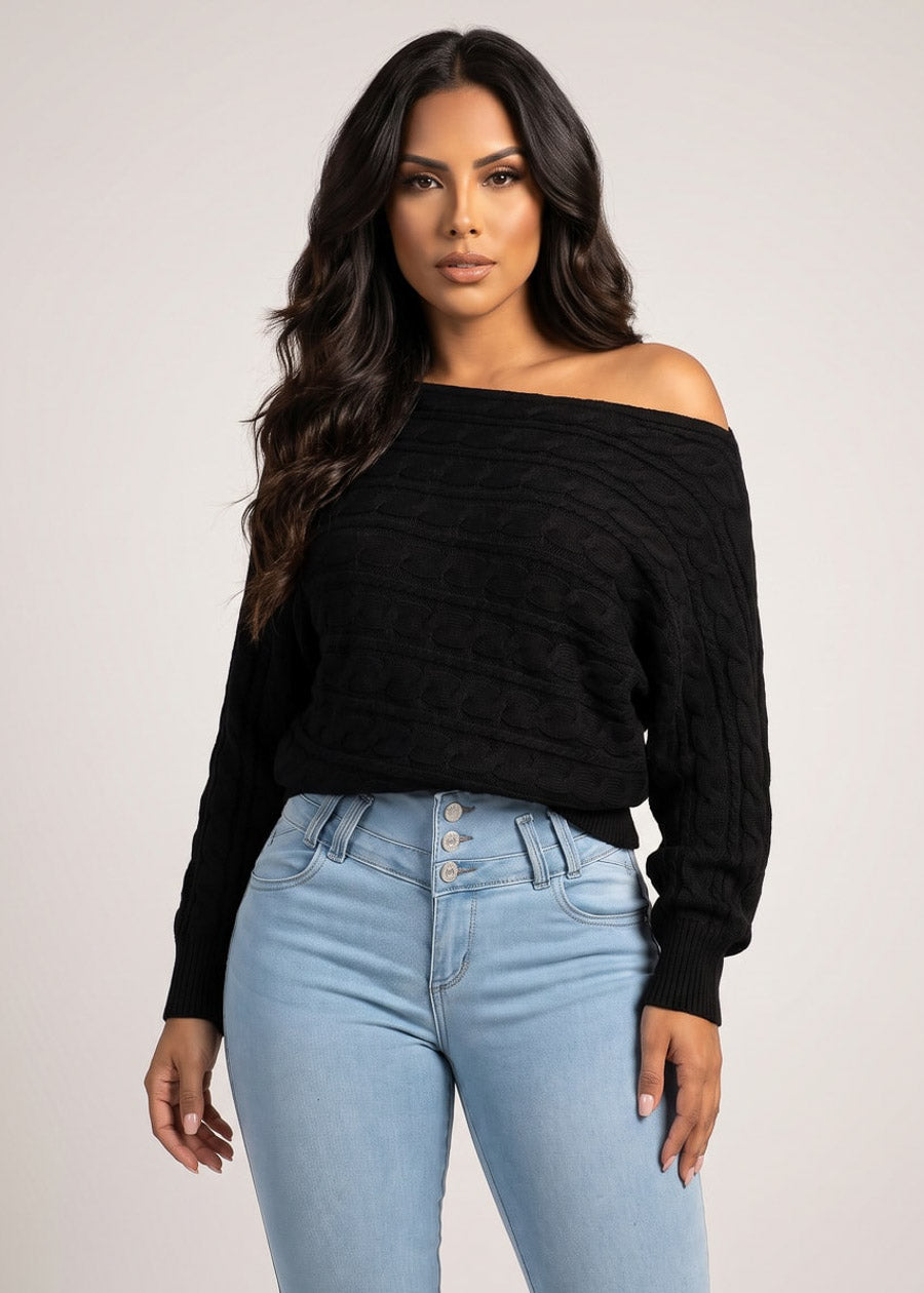 Long Sleeve Off Shoulder Cable Knit Sweater Black